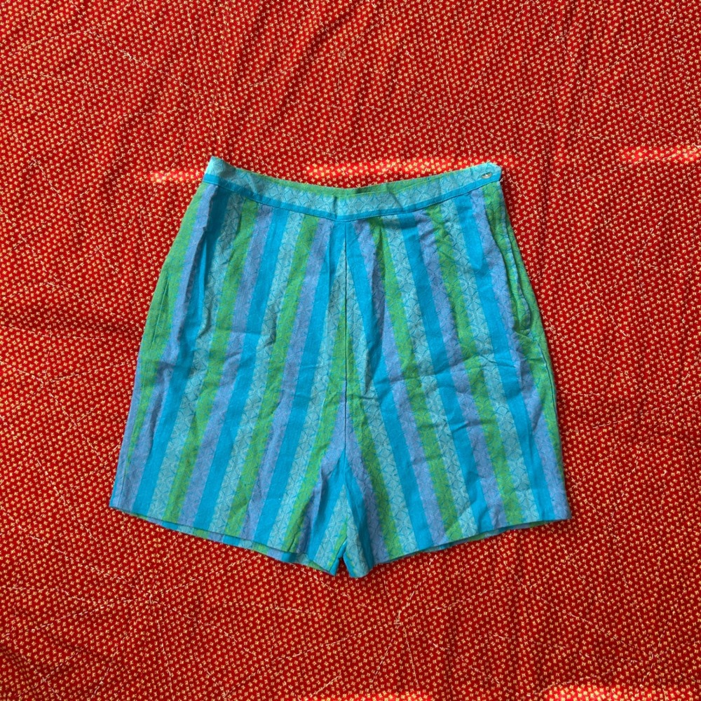 Vintage 1950s 1960s Norwood Blue Green Striped High Waisted Shorts Cotton 18